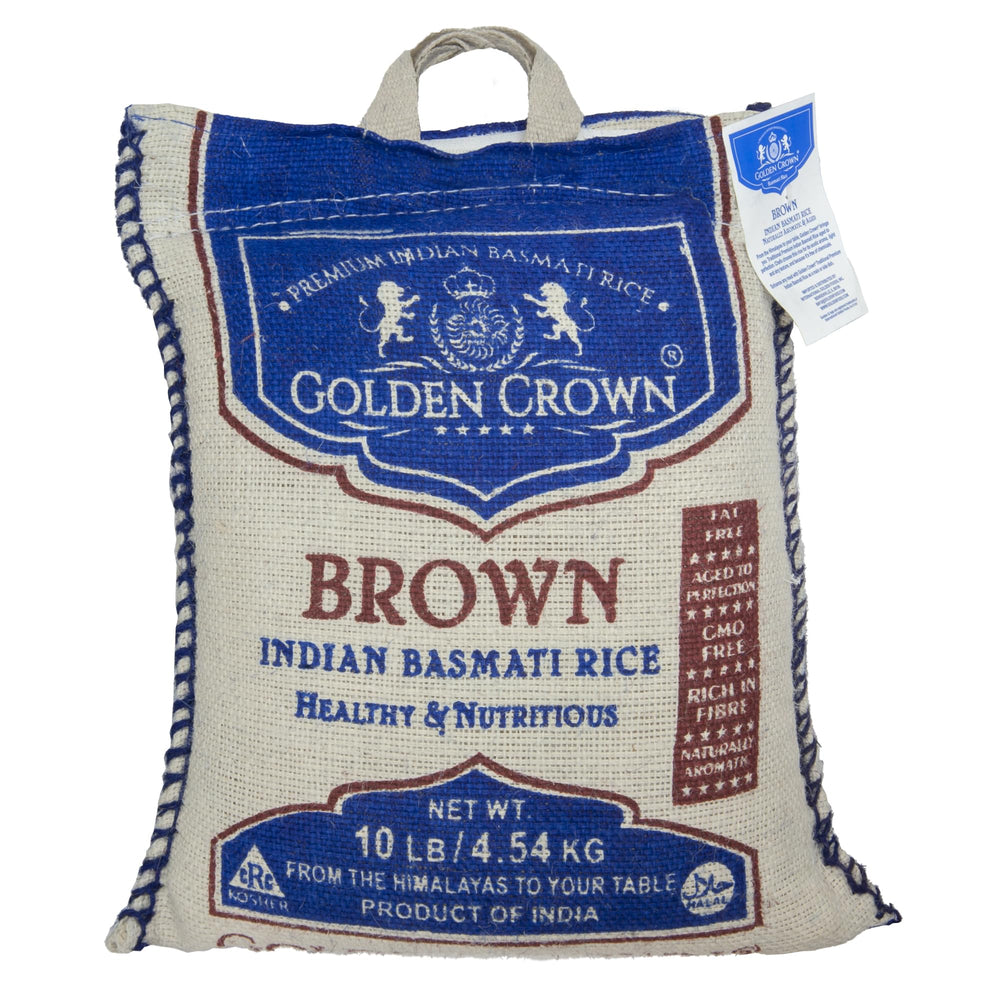 Golden Crown Indian Brown Basmati Rice uncooked grains ready for cooking.