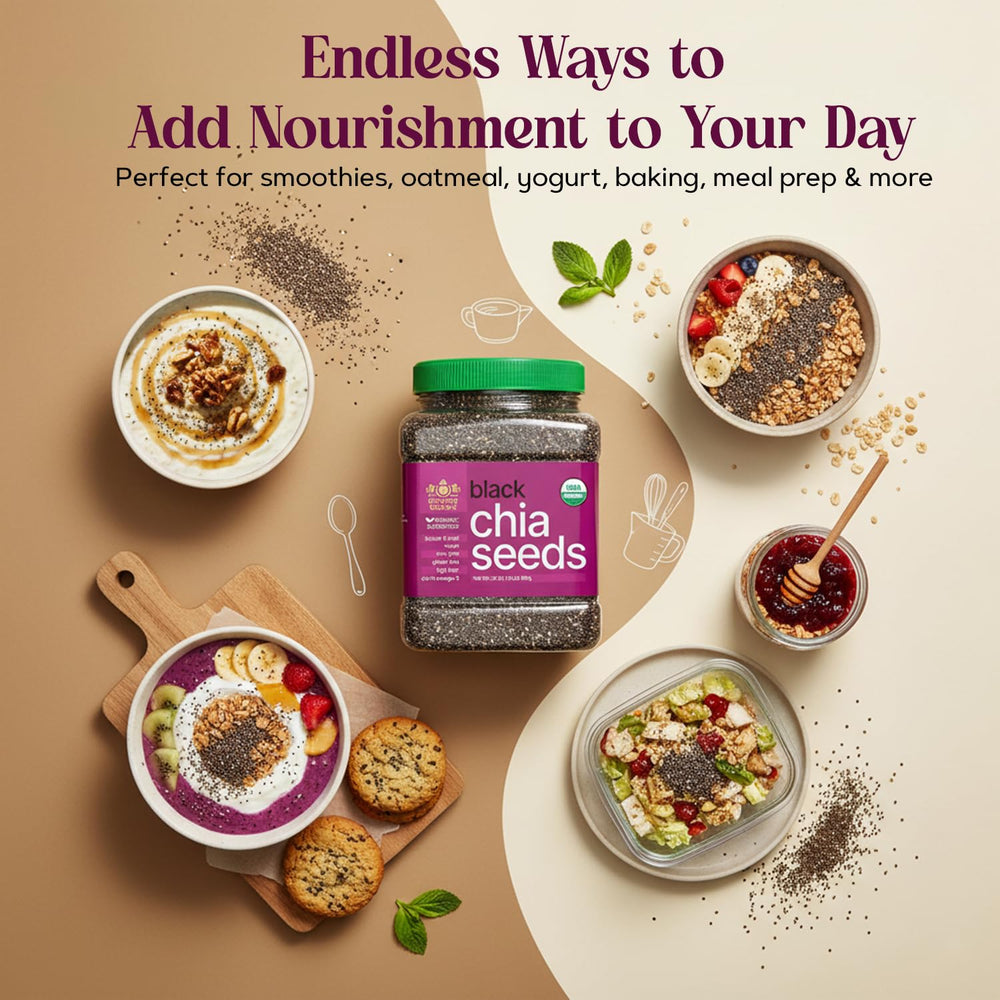 Golden Crown jar in a kitchen scene with chia seeds ready to use.