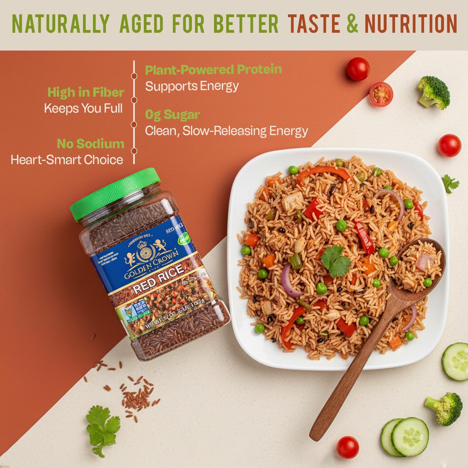 Golden Crown Red Rice Organic: cooked steaming bowl ready for curries and bowls.