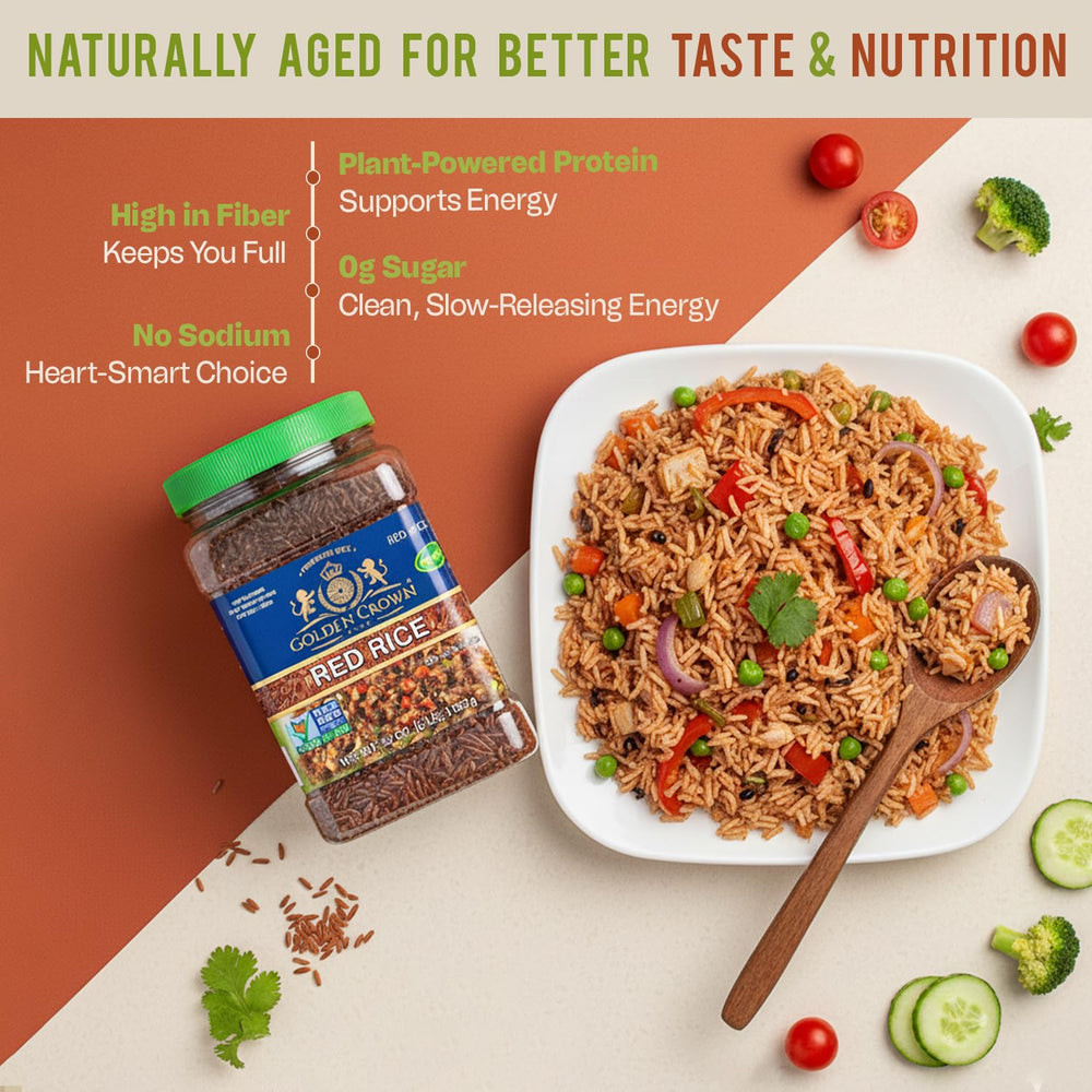 Golden Crown Red Rice Organic: cooked steaming bowl ready for curries and bowls.