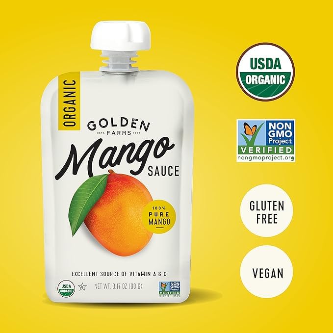 Golden Farms Mango Pouches close-up of 100% fruit content