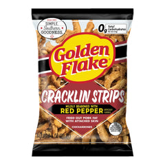 Golden Flake Pork Cracklin Strips Red Pepper pack – spicy party snack with warm, crispy texture