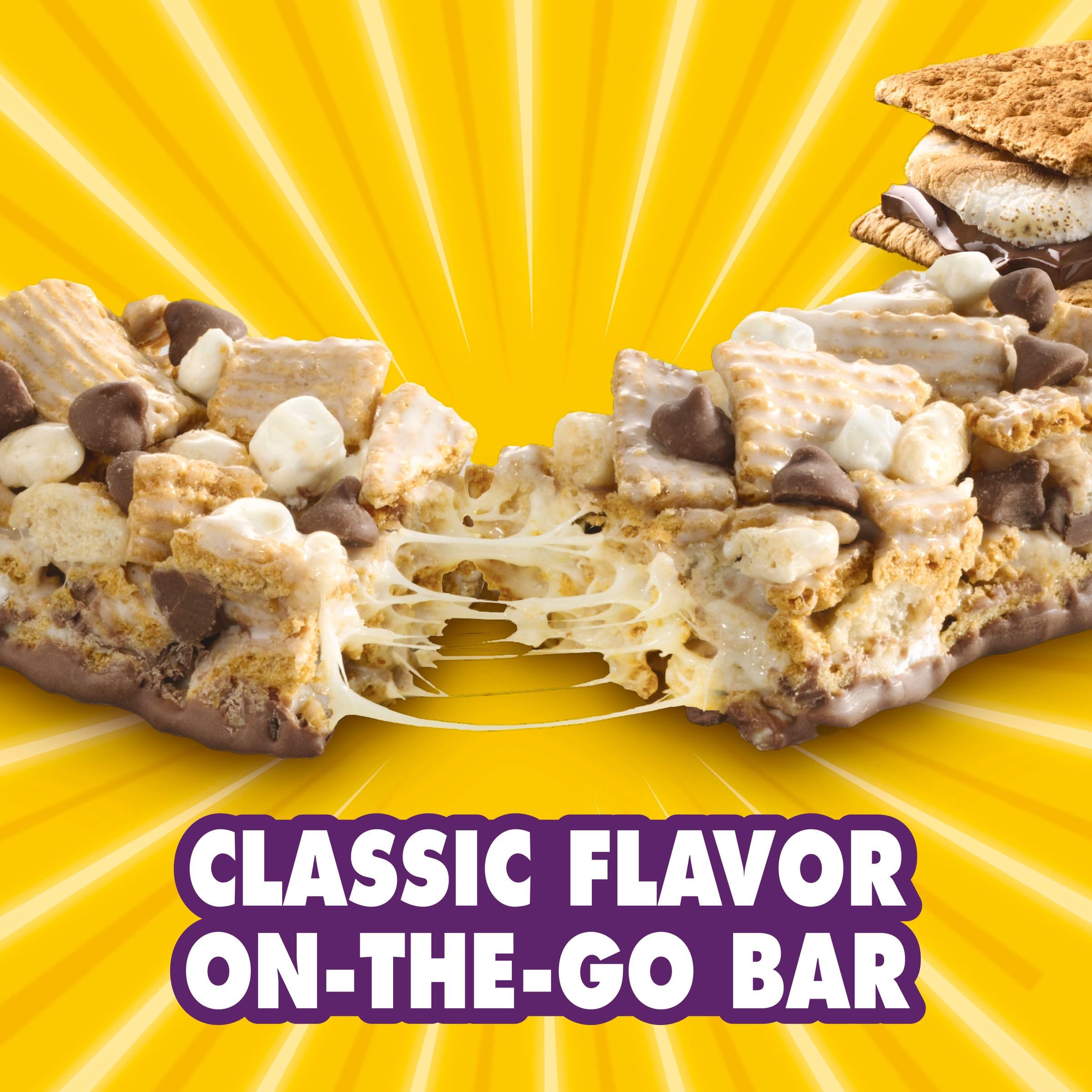 Golden Grahams bars chocolate coating closeup showcases s'mores flavor appeal.