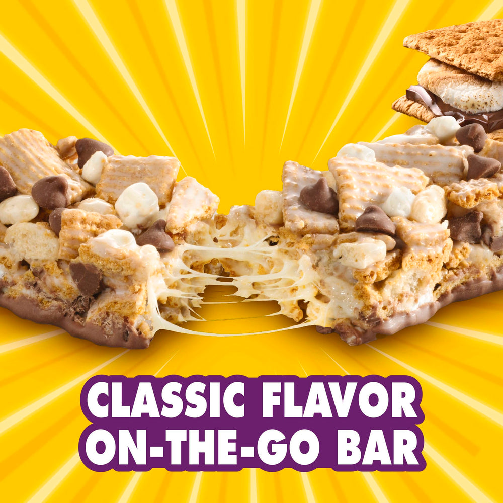 Golden Grahams bars chocolate coating closeup showcases s'mores flavor appeal.