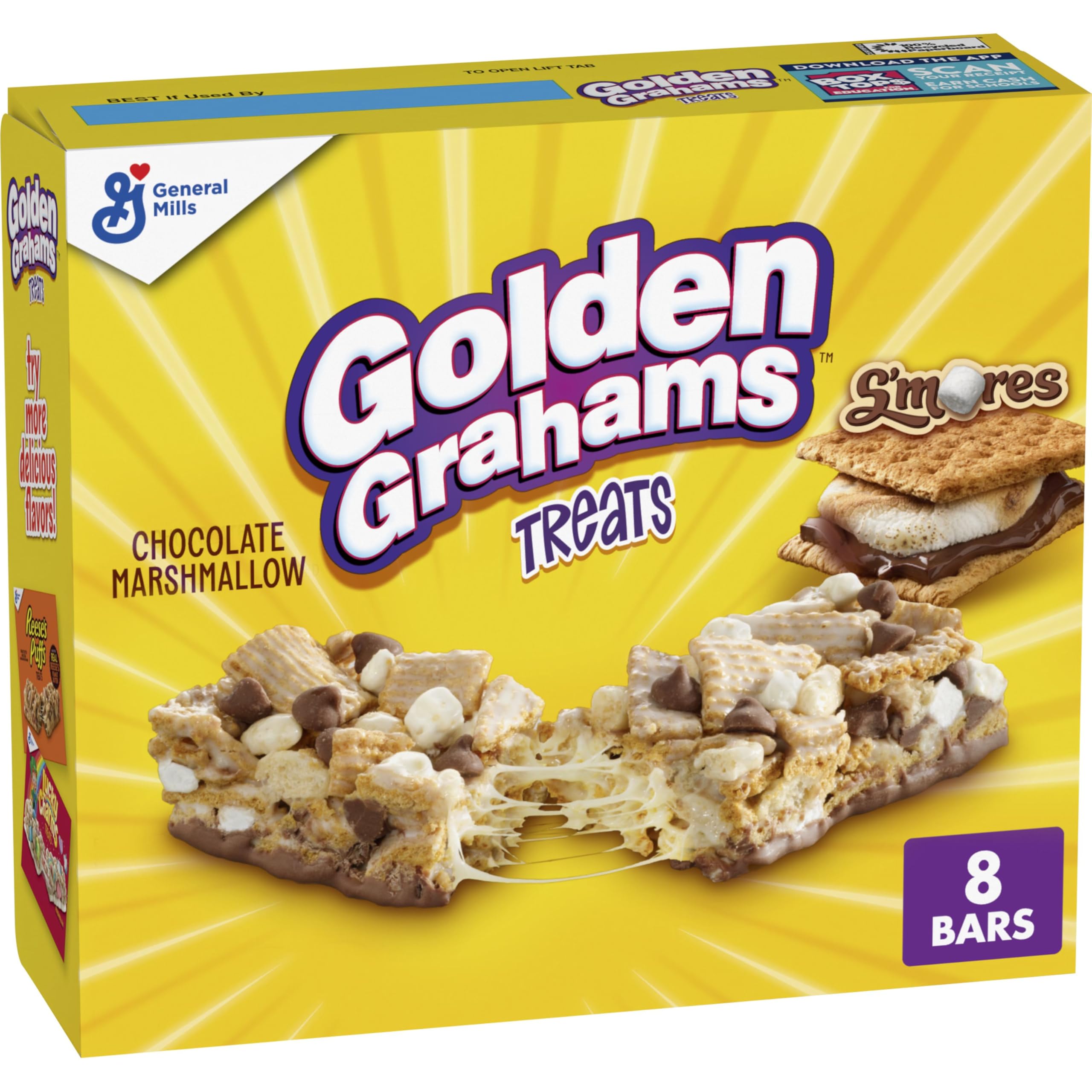Golden Grahams Smores bars packaging on kitchen counter; convenient on-the-go snack.