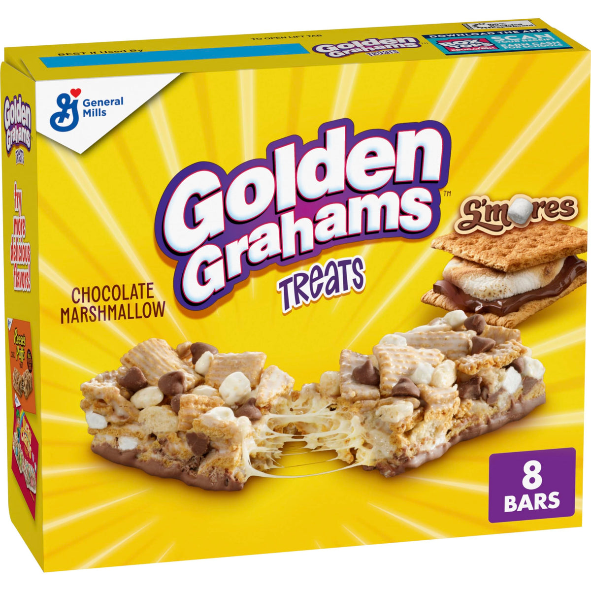 Golden Grahams Smores bars packaging on kitchen counter; convenient on-the-go snack.
