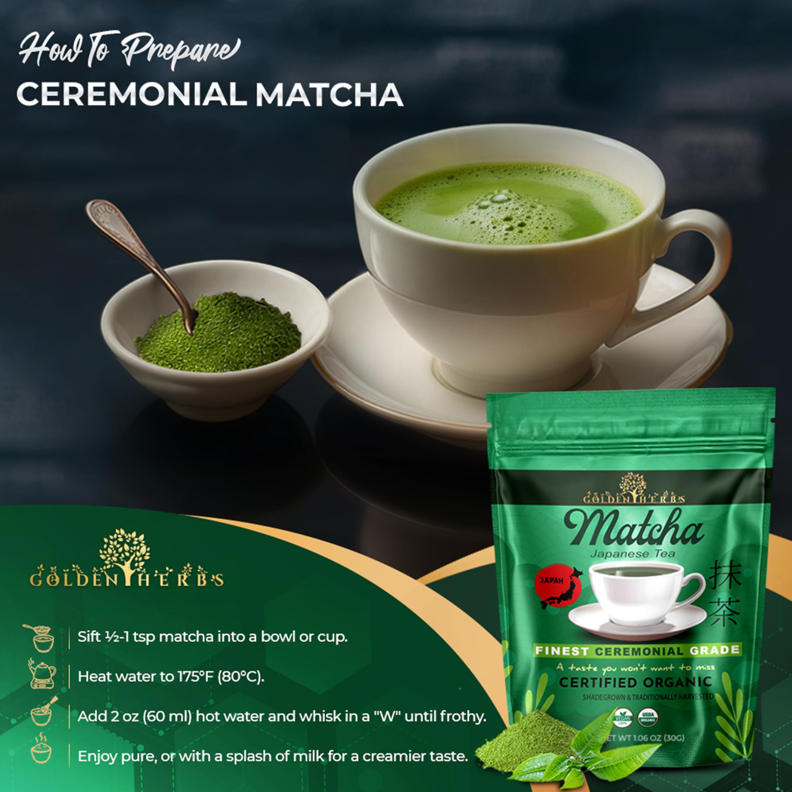 Golden Herbs Matcha latte with vibrant green foam