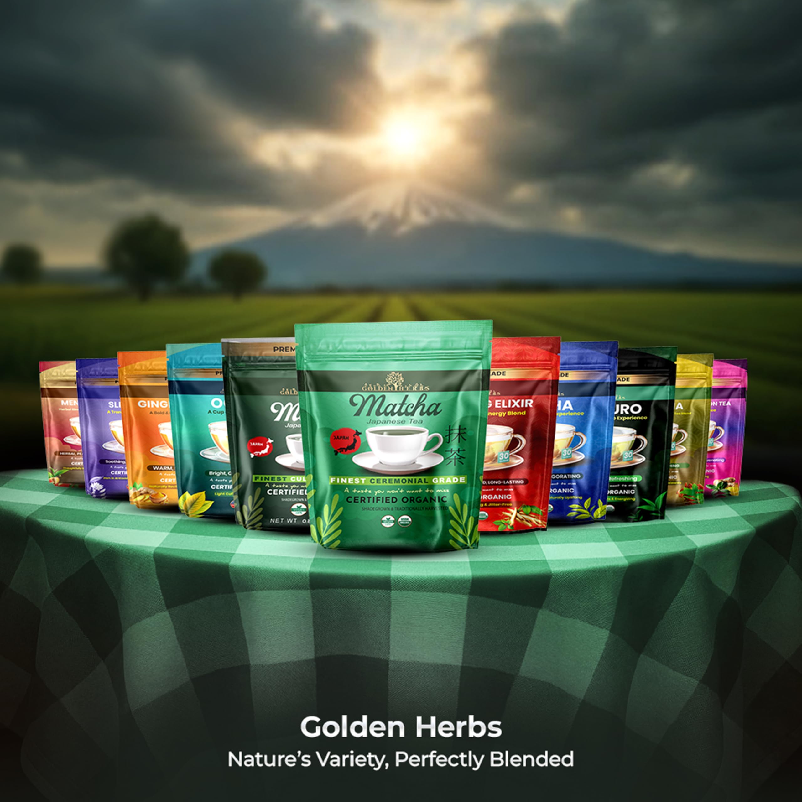 Golden Herbs Matcha packaging label showing organic and gluten-free