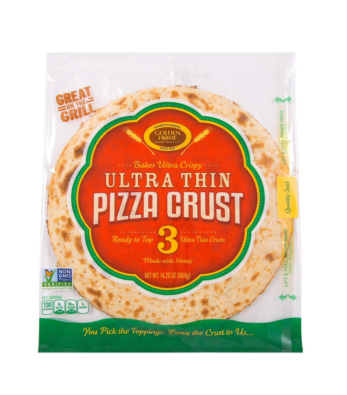 Golden Home Ultra Thin 12-inch crusts in a 3-pack, ready to bake