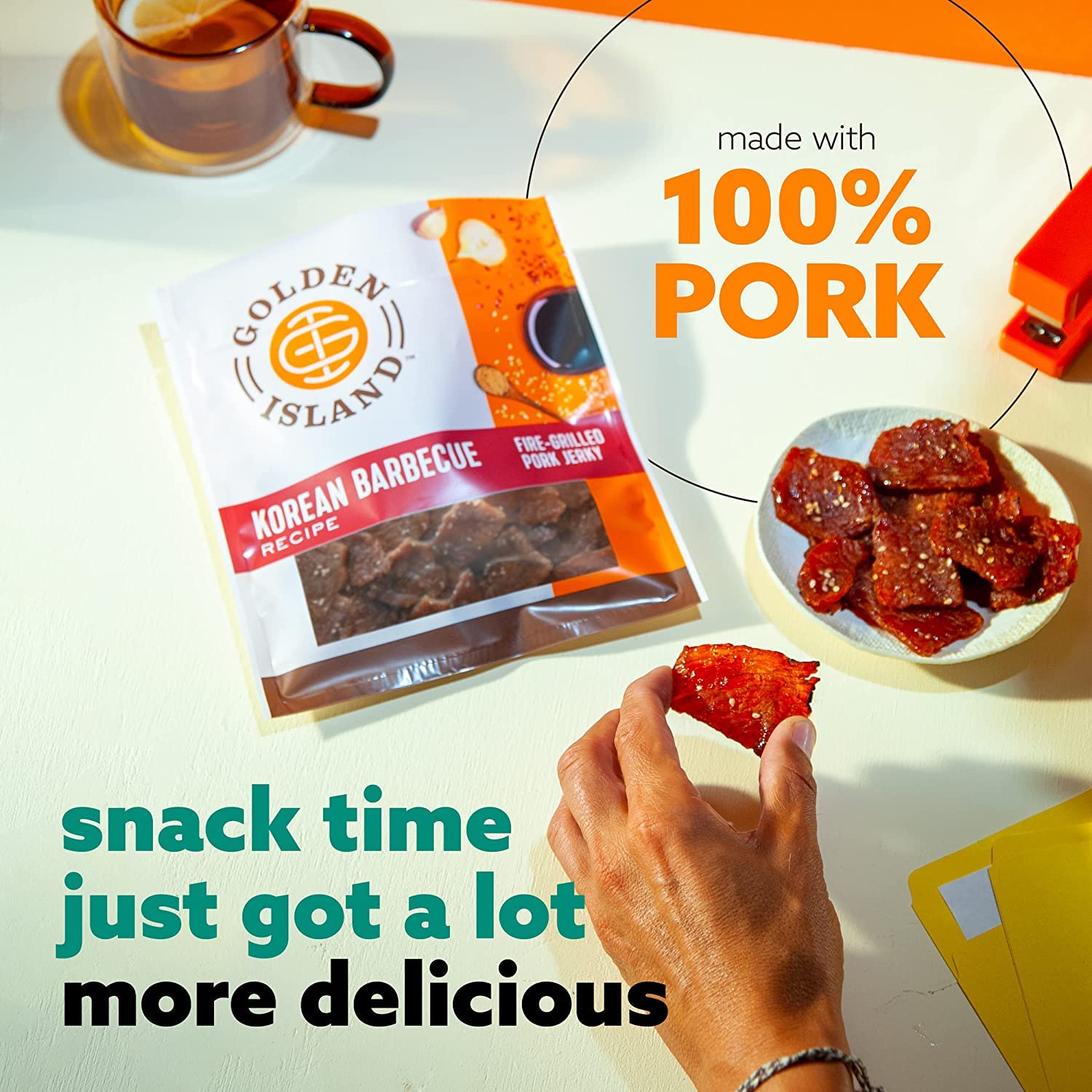 Golden Island jerky bags closeup highlights gluten-free, flame-grilled goodness