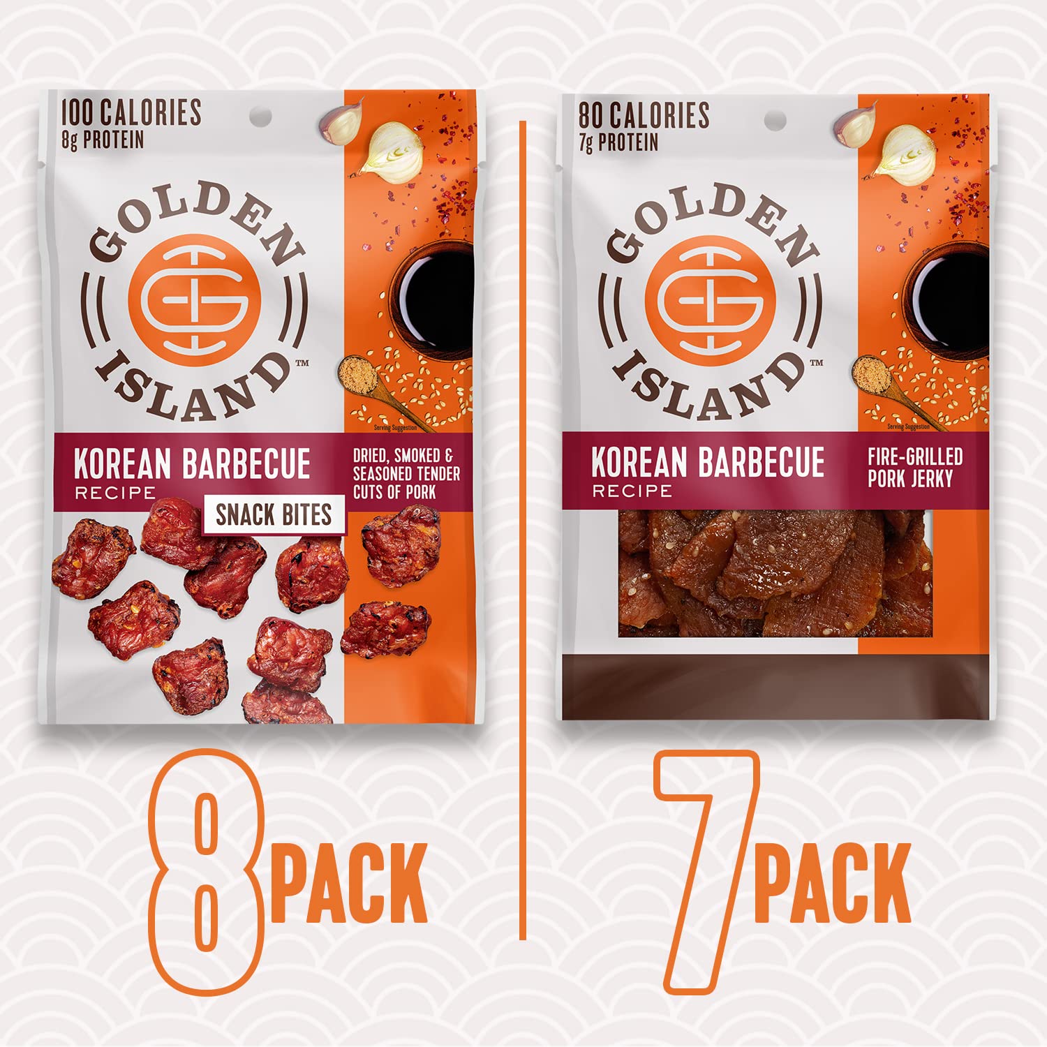 Golden Island variety pack front view shows eight bites and seven jerky bags for easy protein