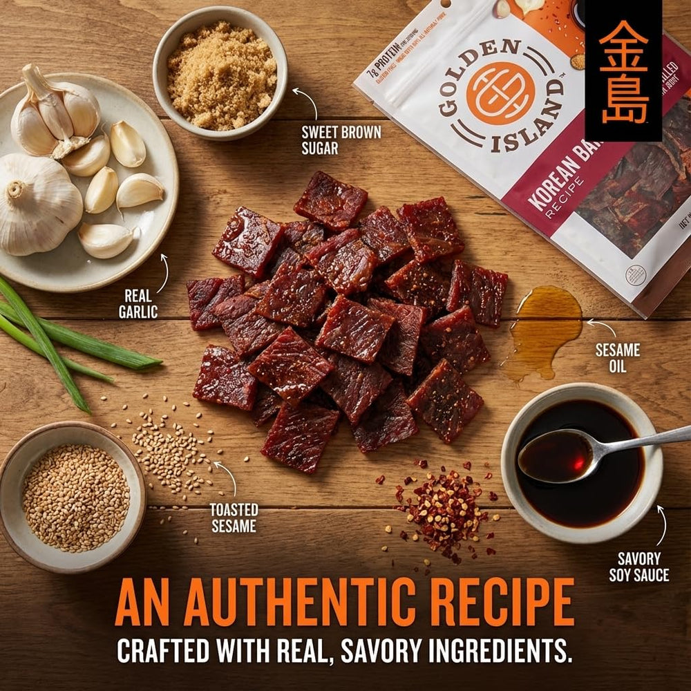 Golden Island pork jerky flame-grilled texture offers bold bite.