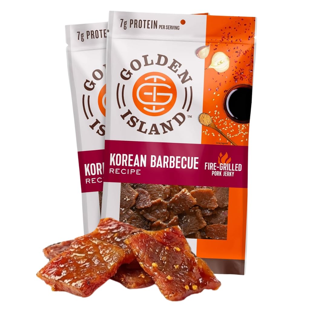 Golden Island pork jerky Korean BBQ packaging for on-the-go protein snack.