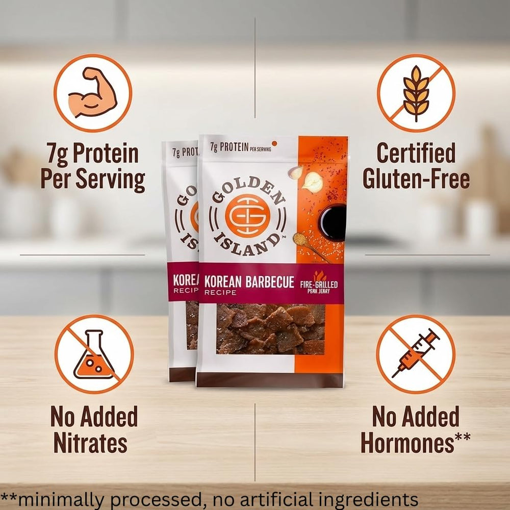 Golden Island pork jerky resealable bag keeps flavors fresh for travel.