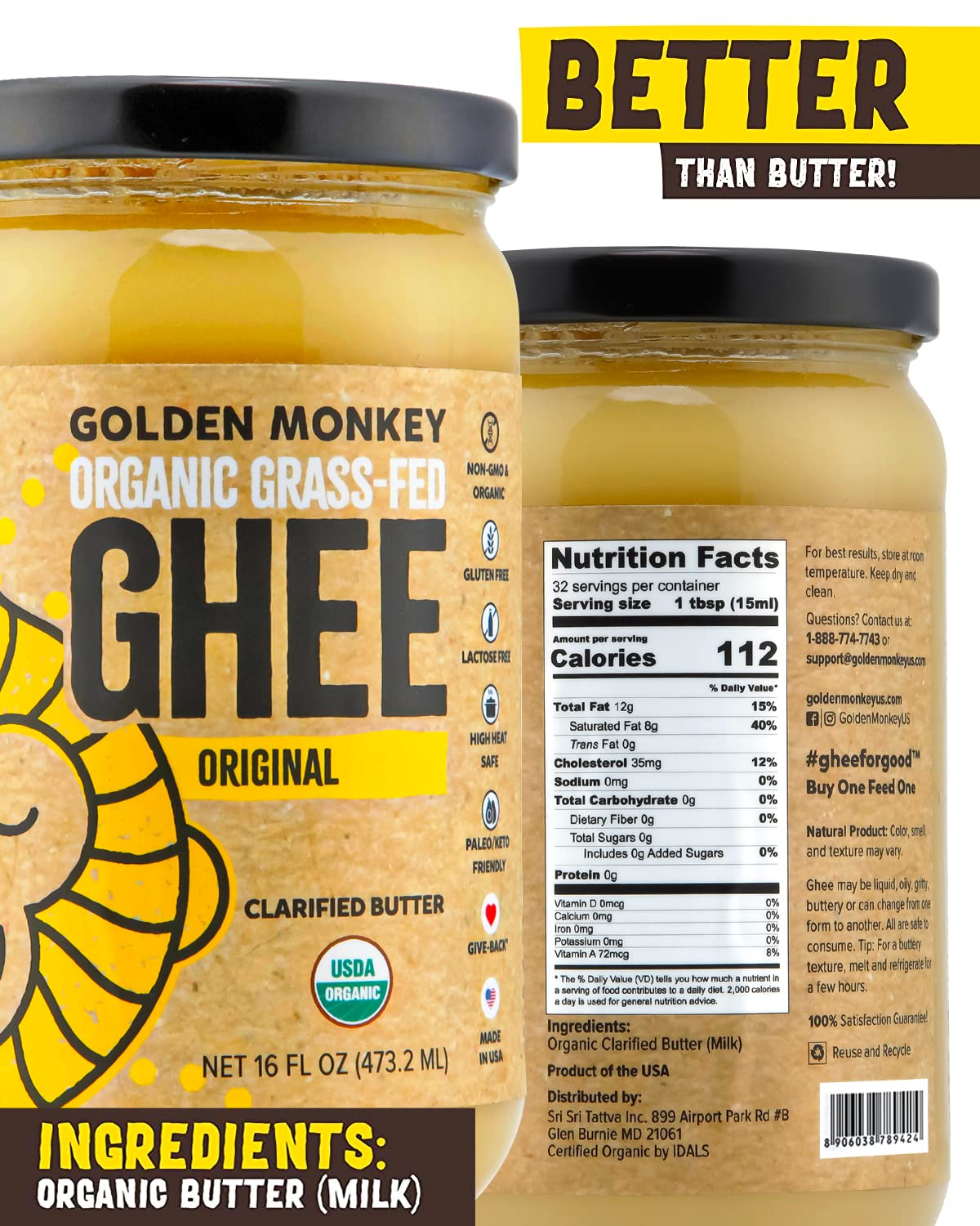 Golden Monkey Grass-Fed Ghee Butter jar, smooth pour for sautéing and high-heat searing.