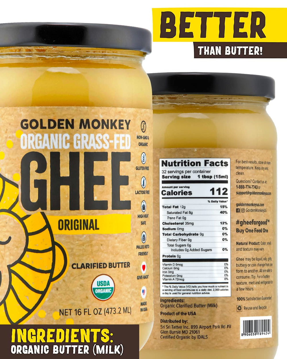 Golden Monkey Grass-Fed Ghee Butter jar, smooth pour for sautéing and high-heat searing.