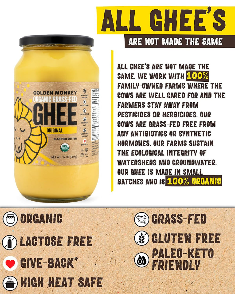 GOLDEN MONKEY organic ghee with antioxidant-rich fat for keto cooking.