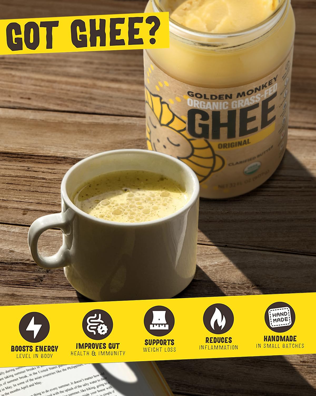 GOLDEN MONKEY ghee in a pan for high-heat sautéing and frying.