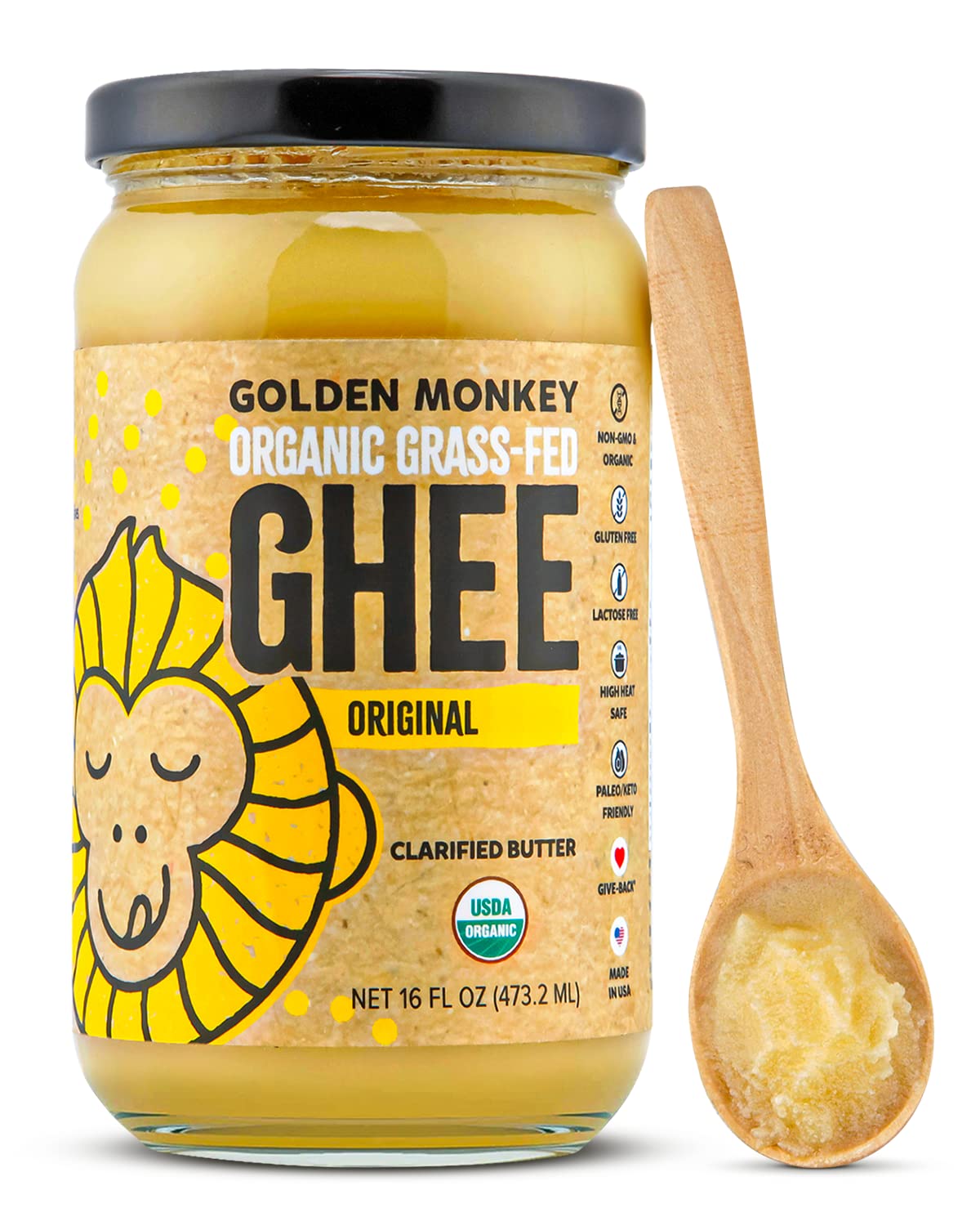 Golden Monkey Organic Ghee Butter jar, premium lactose-free fat for keto cooking.