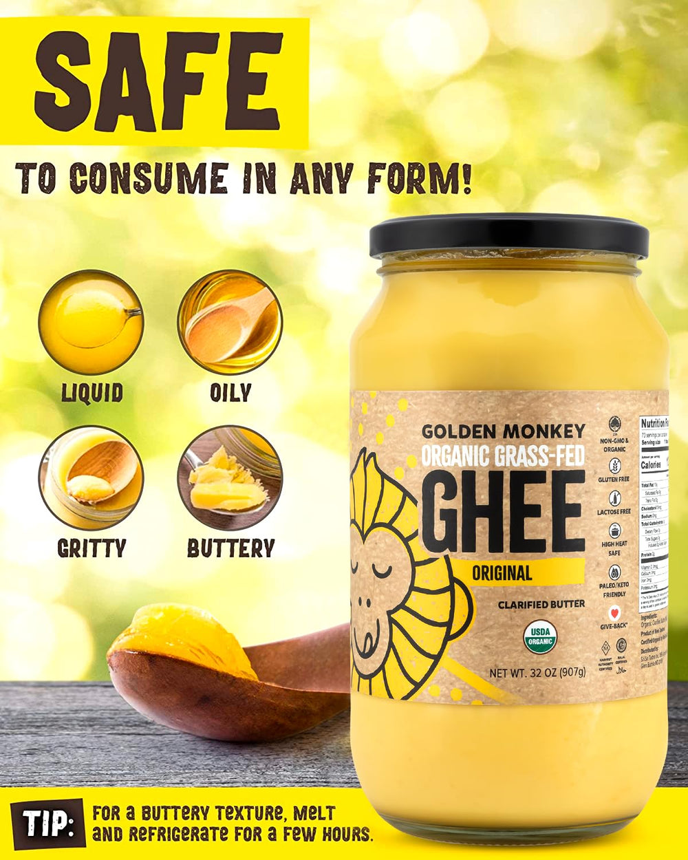 GOLDEN MONKEY ghee texture adapts with temperature for cooking.