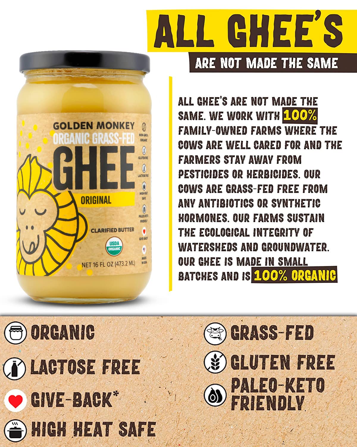 Golden Monkey Packaged Sealed Jar, secure packaging for fresh, additive-free ghee.