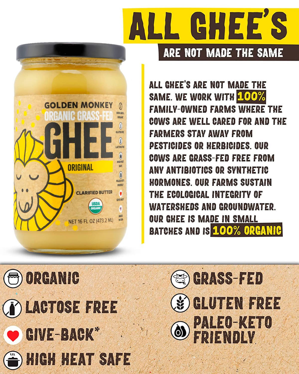 Golden Monkey Packaged Sealed Jar, secure packaging for fresh, additive-free ghee.