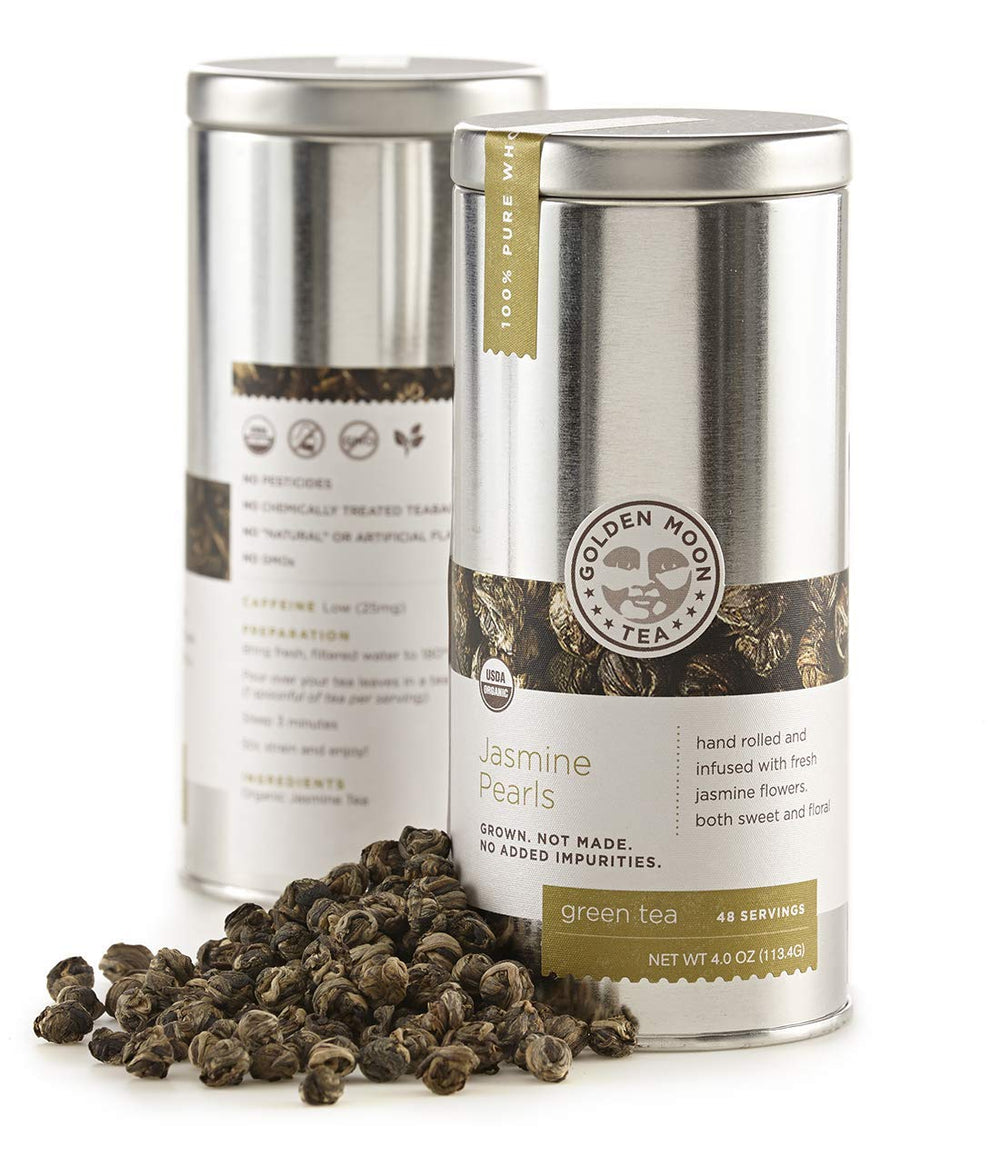 Golden Moon Tea Jasmine Dragon Pearls packaging preserves aroma in travel tin.