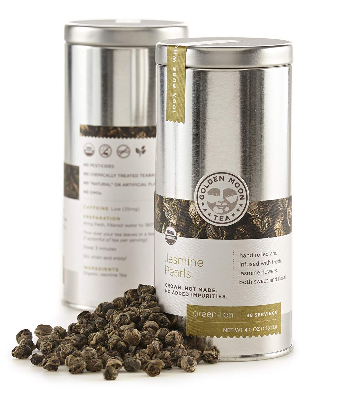Golden Moon Tea Jasmine Dragon Pearls packaging preserves aroma in travel tin.