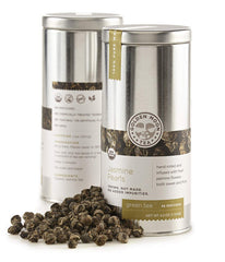 Golden Moon Tea Jasmine Dragon Pearls packaging preserves aroma in travel tin.