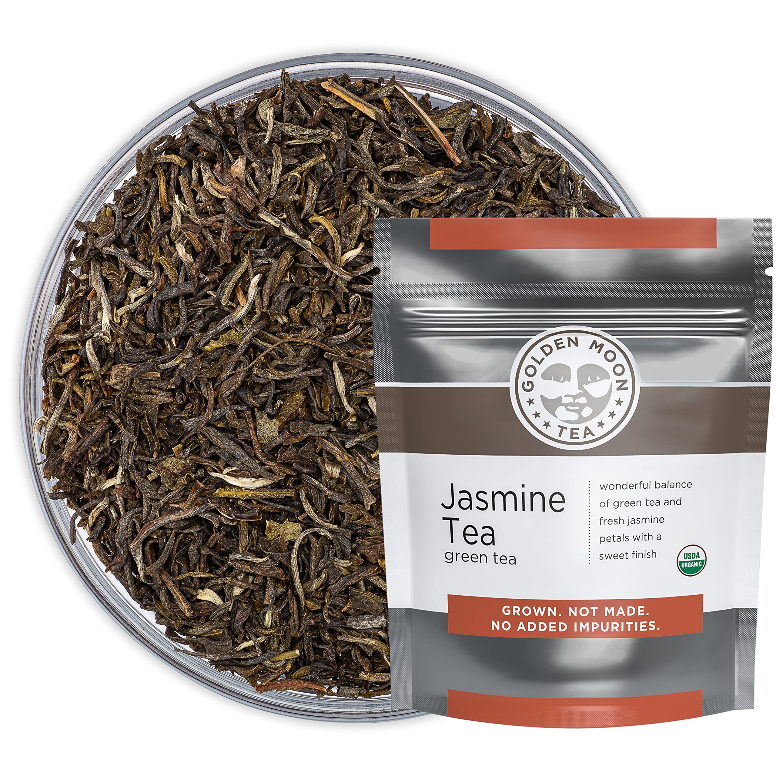 Golden Moon Tea Jasmine loose leaves reveal delicate aroma and smooth green tea base for a calming cup.