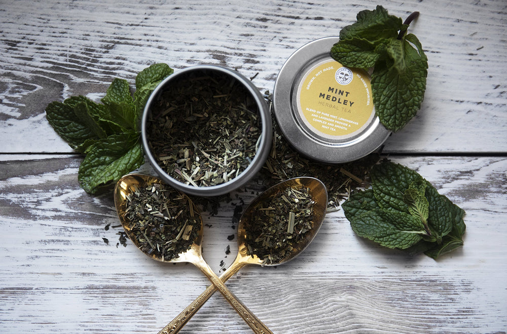 Golden Moon Tea loose-leaf tin close-up highlighting natural ingredients