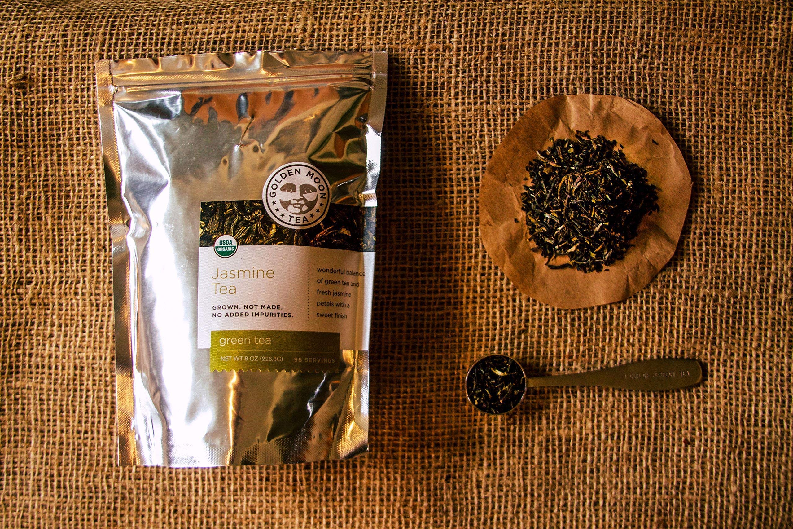 Golden Moon Tea low caffeine jasmine supports relaxed evenings with gentle, caffeine-light enjoyment.