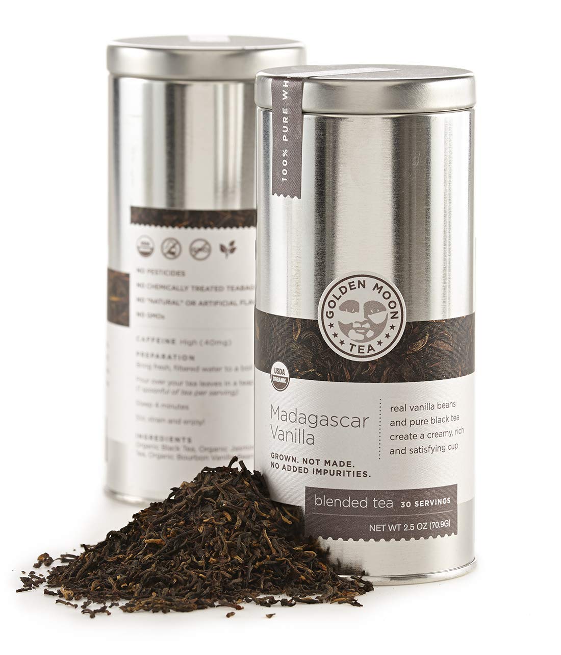 Golden Moon Tea Madagascar vanilla bean close-up showcases real beans for rich flavor