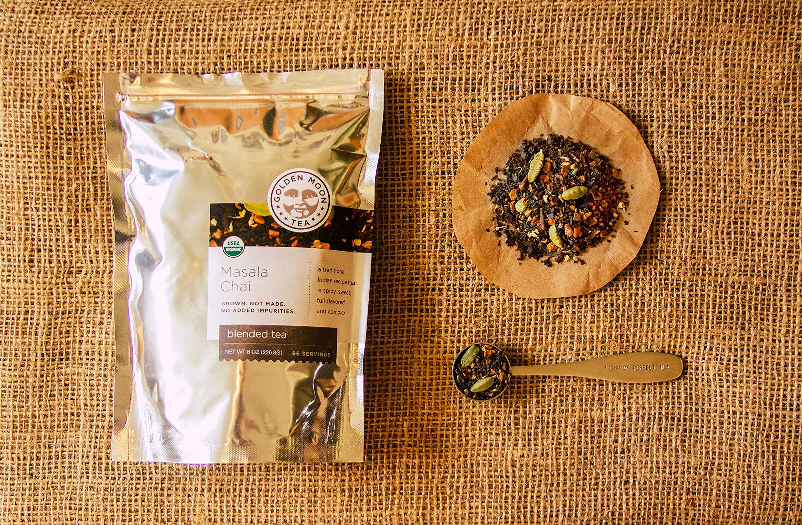 Golden Moon Tea steeping cup demonstrates traditional chai preparation at home