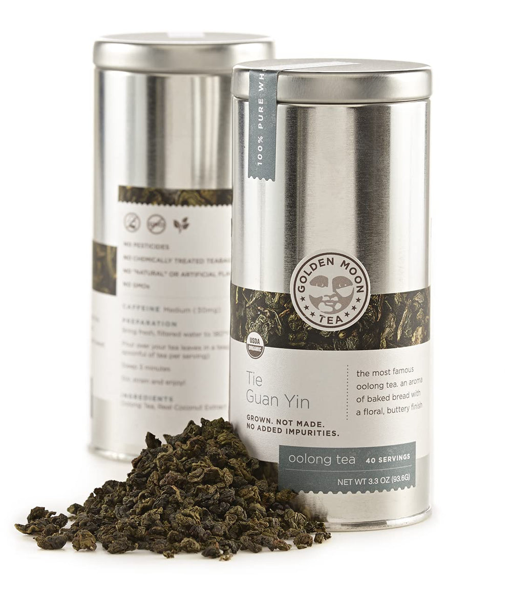 Golden Moon Tea Tie Guan Yin loose leaf close-up, showcasing natural floral notes and creamy texture