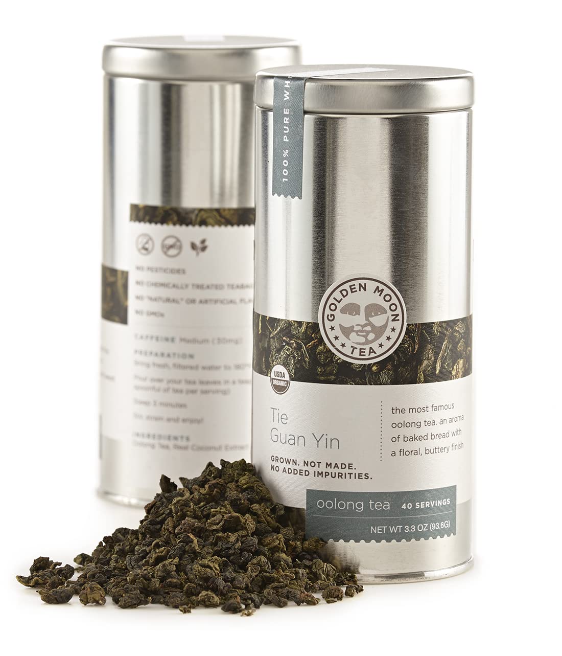 Golden Moon Tea Tie Guan Yin loose leaf close-up, showcasing natural floral notes and creamy texture