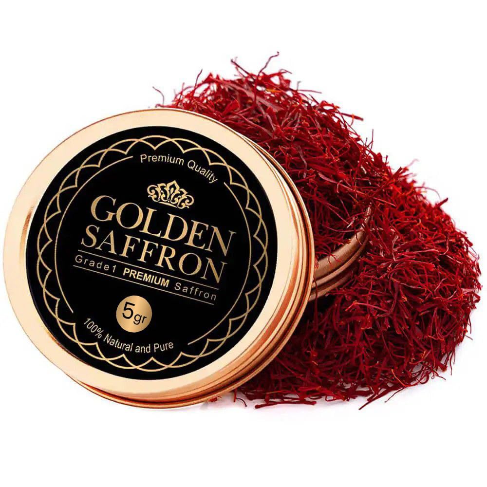 Golden Saffron bottle pour showcases premium saffron aroma for rich dishes.
