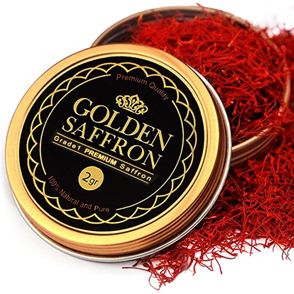 Golden Saffron grade 1 Super Negin saffron threads in tin packaging for freshness.