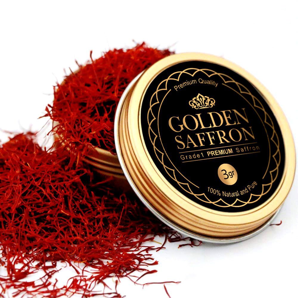Golden Saffron Grade A+ Super Negin threads in a tin pack, rich color ahead.
