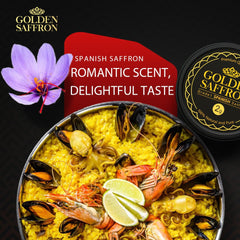 Golden Saffron packaging with gold label signaling premium saffron.