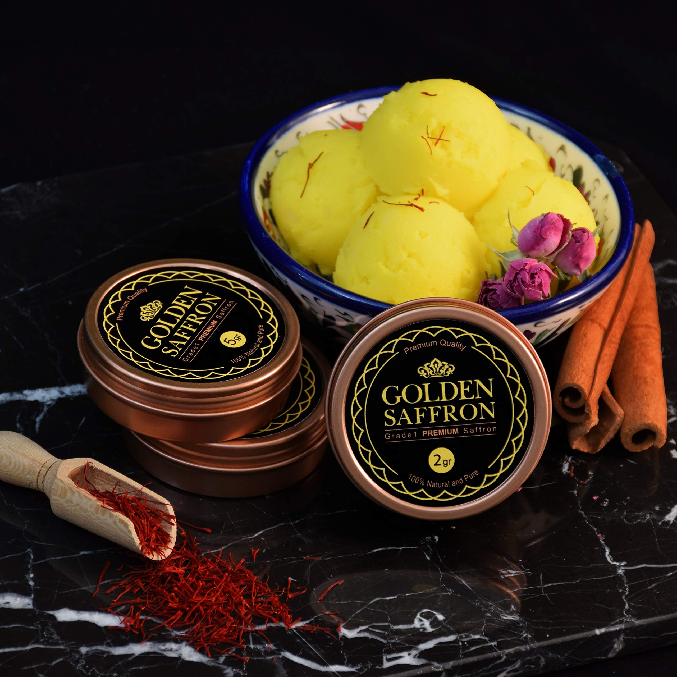 Golden Saffron threads close-up emphasizes vivid color and delicate strands.