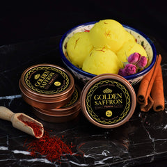 Golden Saffron threads close-up emphasizes vivid color and delicate strands.
