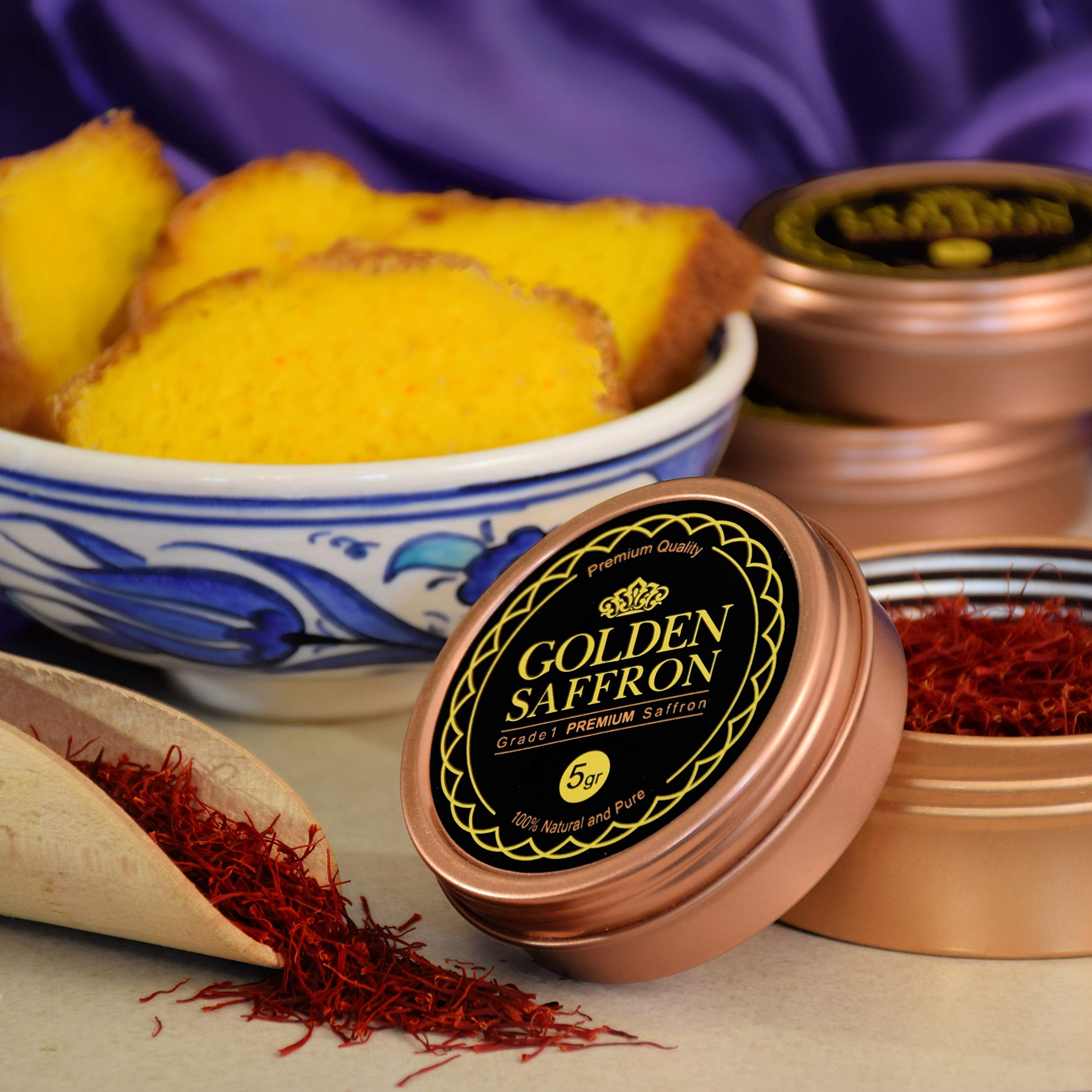 Golden Saffron tin packaging highlights freshness and safe storage.