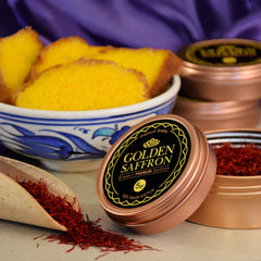 Golden Saffron tin packaging highlights freshness and safe storage.