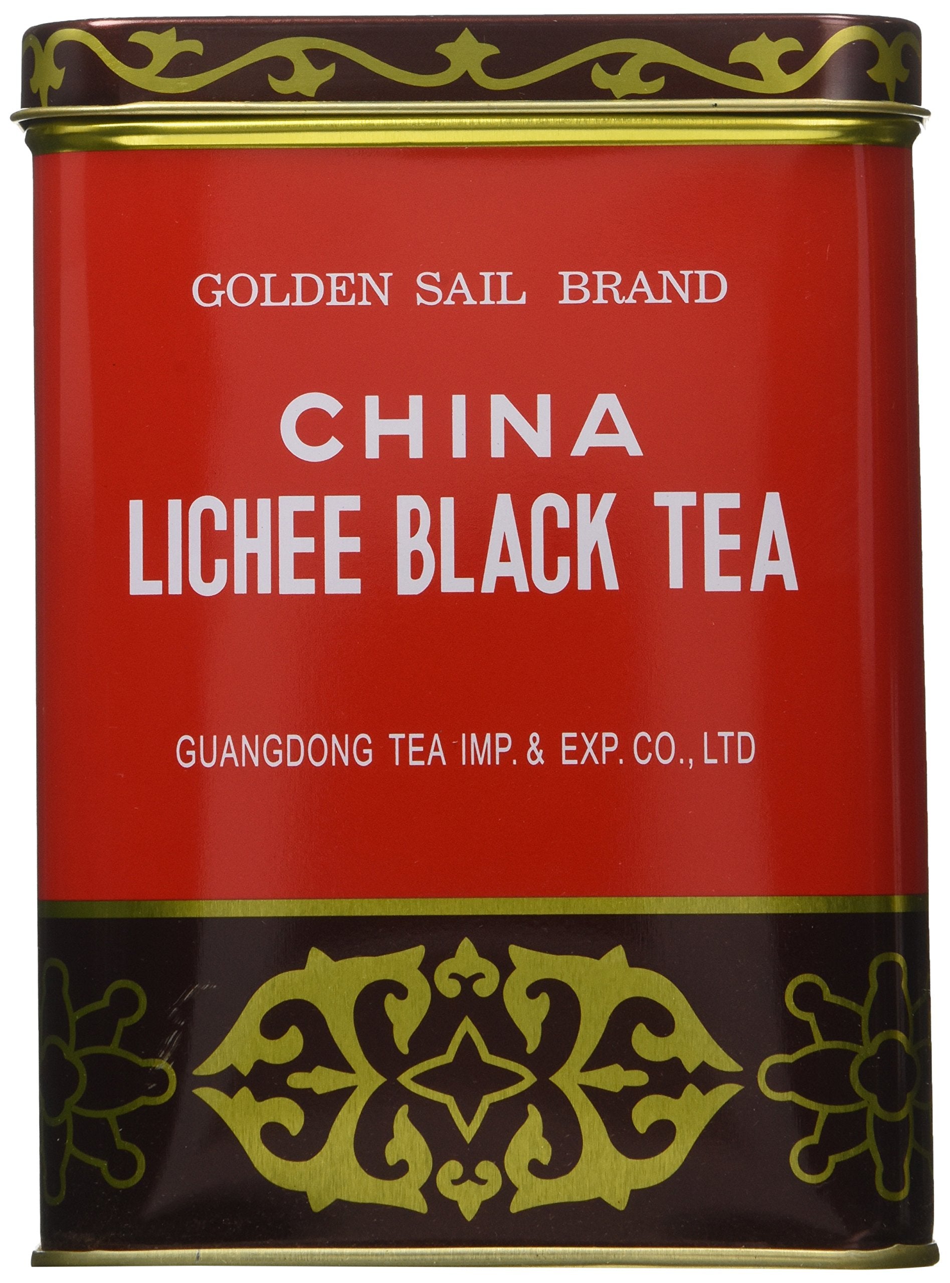 Golden Sail Brand China Lichee Black Tea loose leaf in a tin, perfect for cozy mornings.