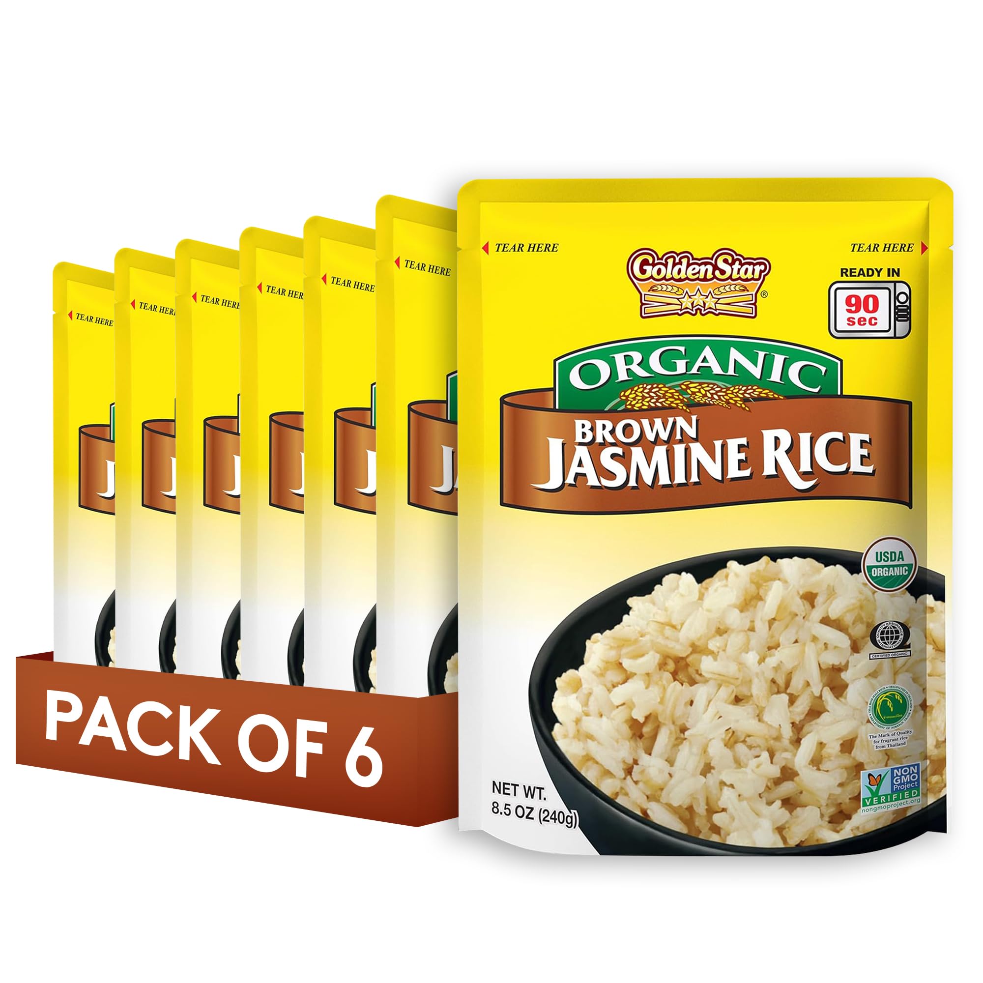 Golden Star Organic Thai Hom Mali Brown Rice pouch for quick meals.