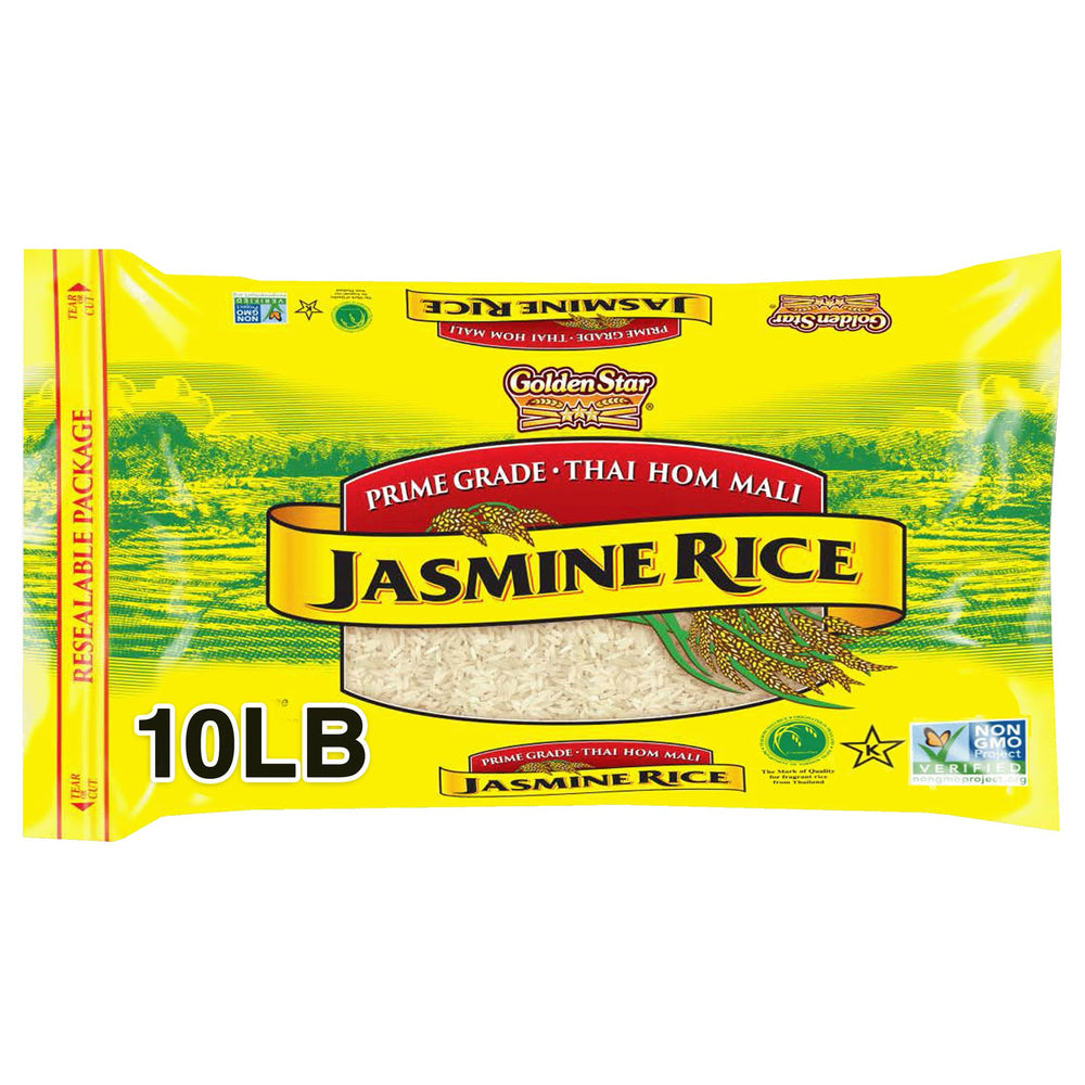 Golden Star Thai Hom Mali Jasmine Rice bag on kitchen counter, ready for family meals.