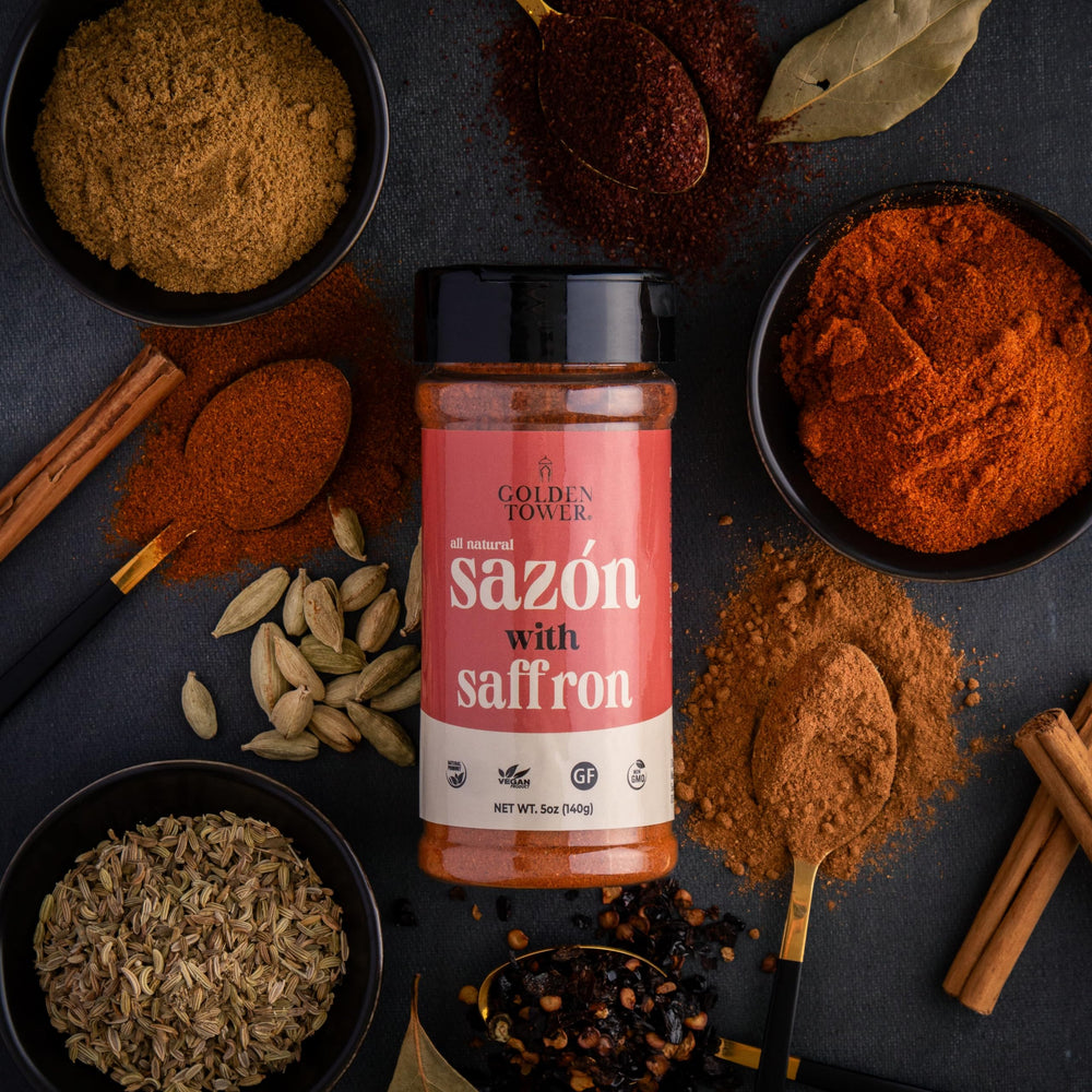 Golden Tower Sazon with Saffron over rice dish for vibrant flavor.