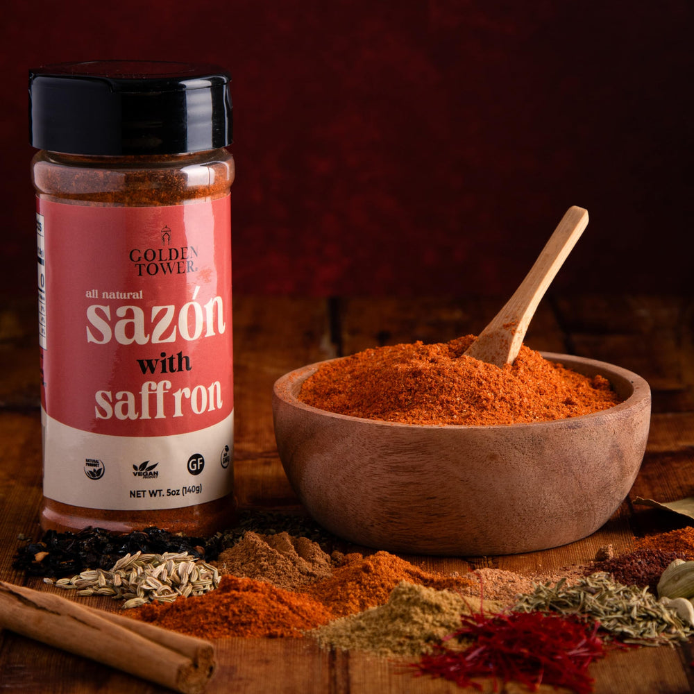 Golden Tower Sazon with Saffron spice jar close-up showing authentic saffron.