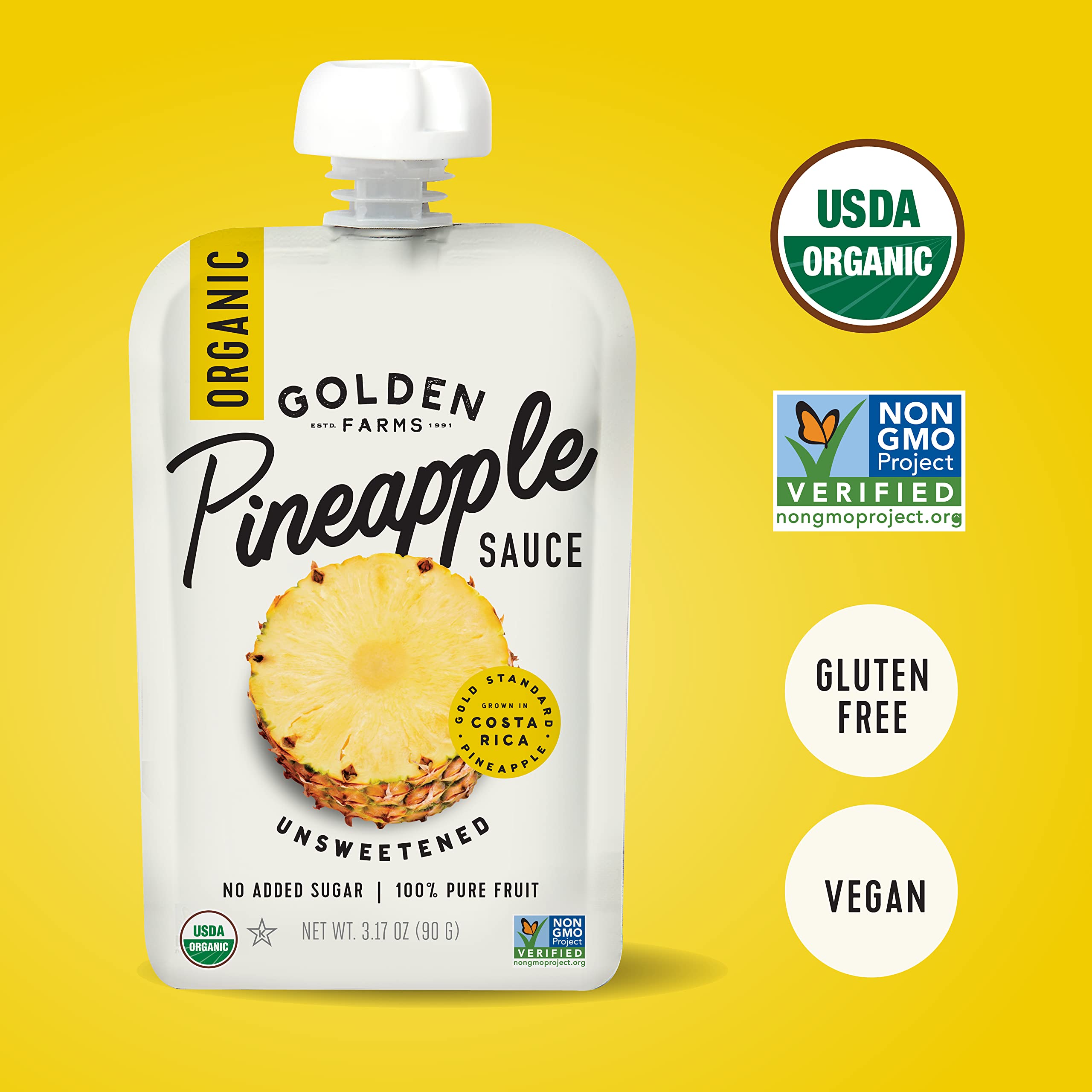Golden Farms Pineapple Pouches closeup reveals juicy pineapple texture.